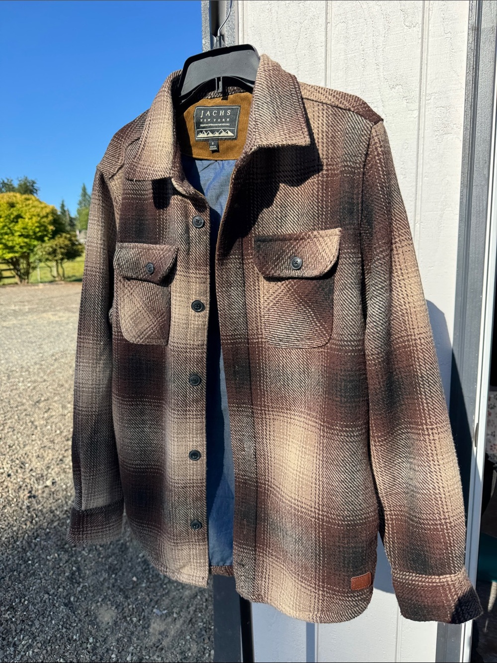 Jachs Plaid Button-Front Shacket in Brown and Cream Tones